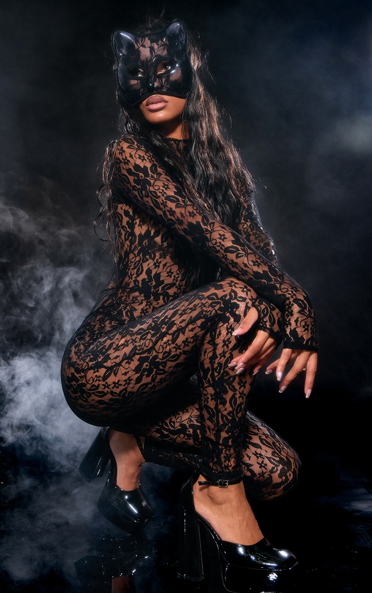 Black Lace High Neck Thumb Hole Jumpsuit image 3