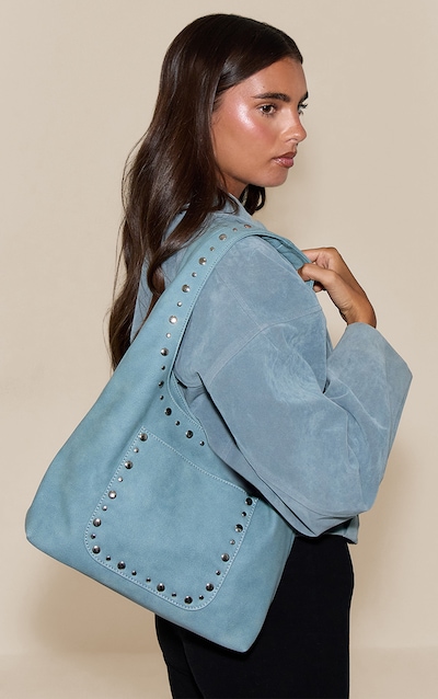 Powder Blue Faux Suede Studded Shoulder Bag