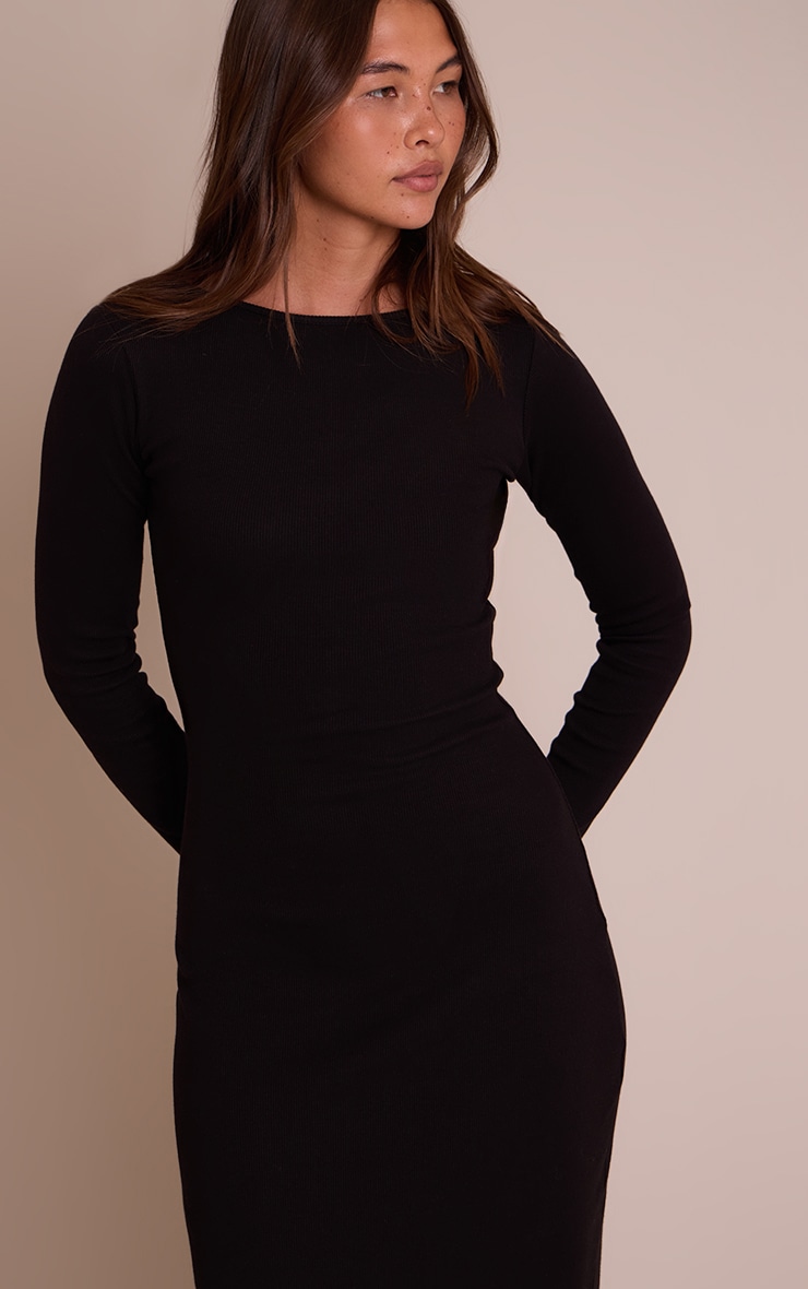 Black Ribbed Boat Neck Long Sleeve Bodycon Maxi Dress image 4