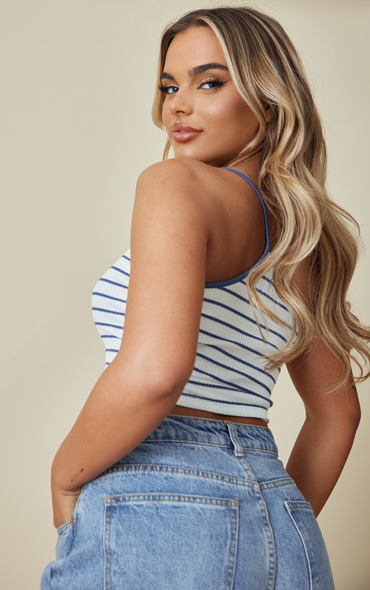 Blue Stripe Rib One Shoulder Top image 2