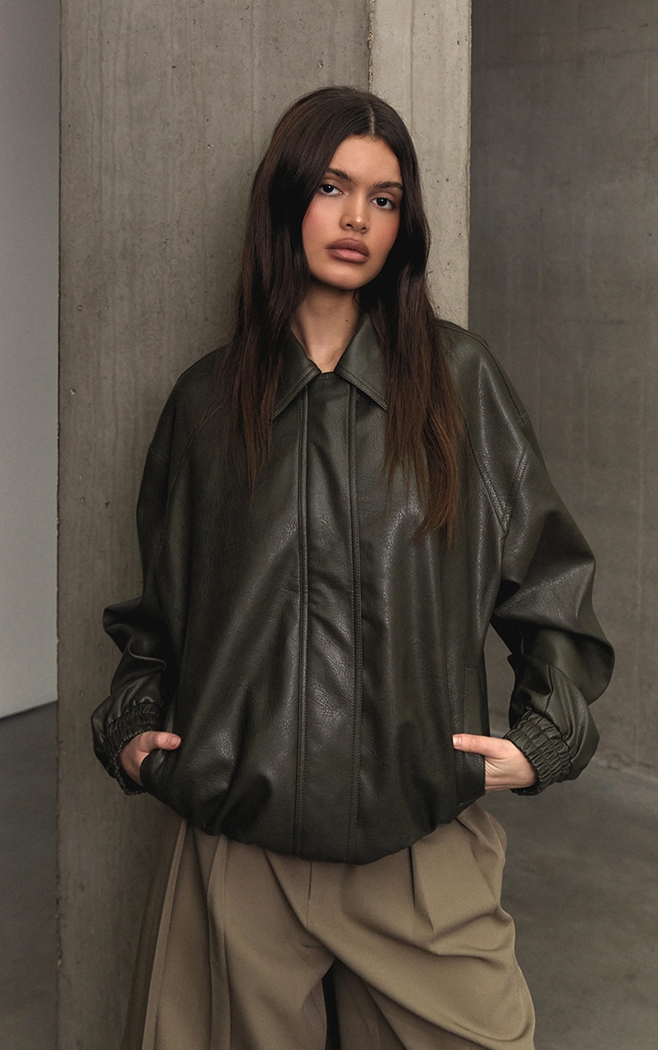 Khaki Embossed Back Faux Leather Biker Jacket image 1