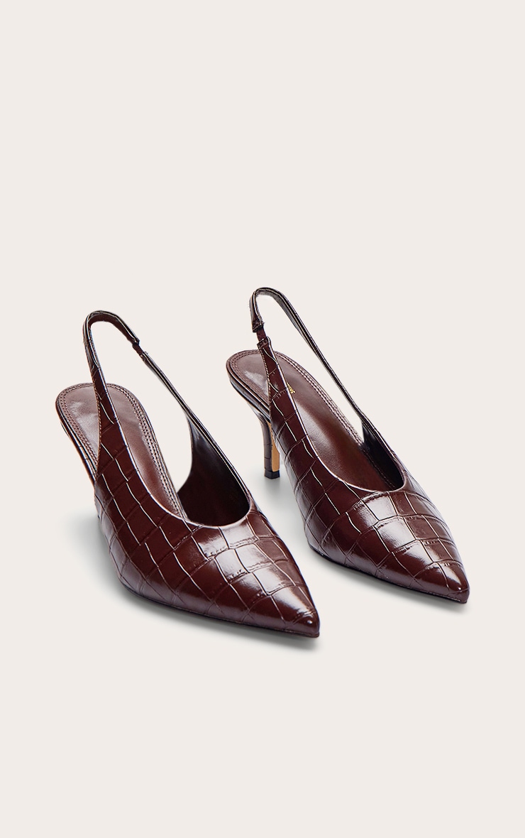 Chocolate Croc High Vamp Mid Heel Sling Back Courts image 3