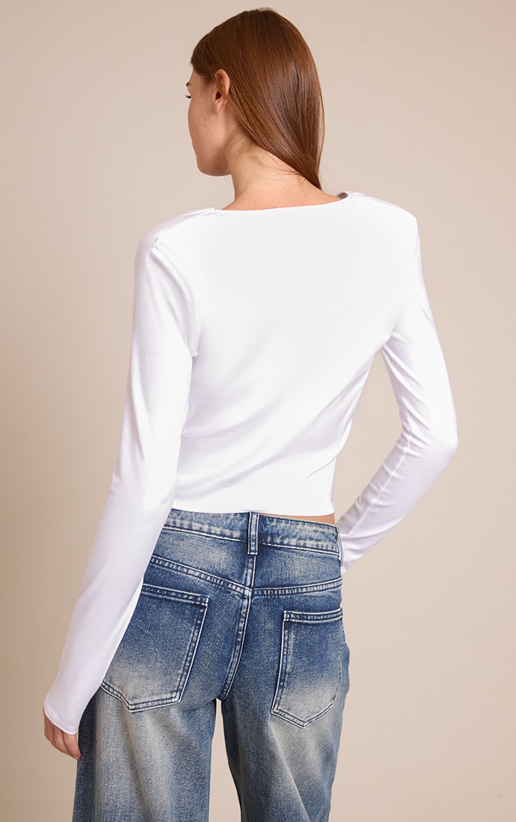 White Cotton Cowl Neck Shoulder Pad Long Sleeve Top  image 2