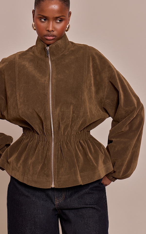 Khaki Cinched Waist Suede Jacket