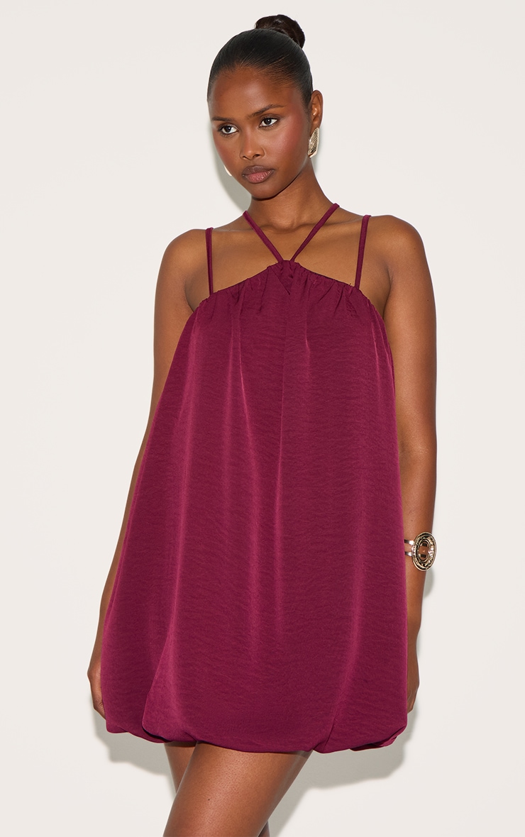 Wine Puff Ball Strappy Mini Dress image 1