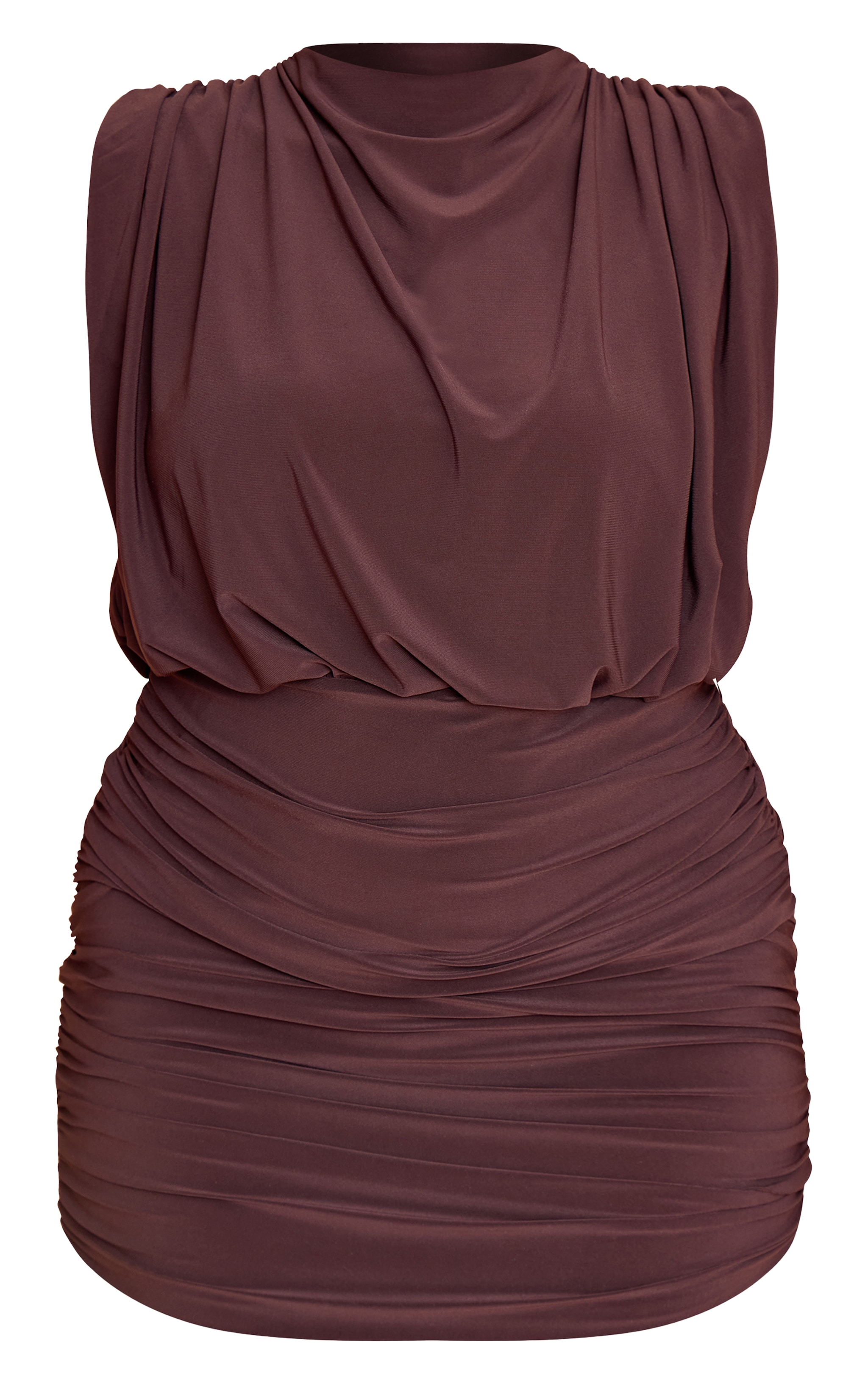 Plus Chocolate Double Layered Slinky Shoulder Padded Mini Dress image 5