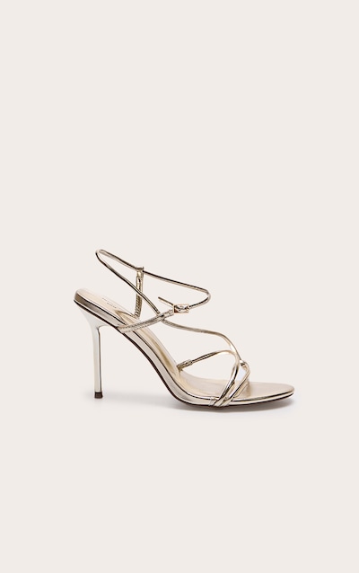 Gold Wide Fit Pu Strappy Asymmetric Buckle High Stiletto Heeled Sandals