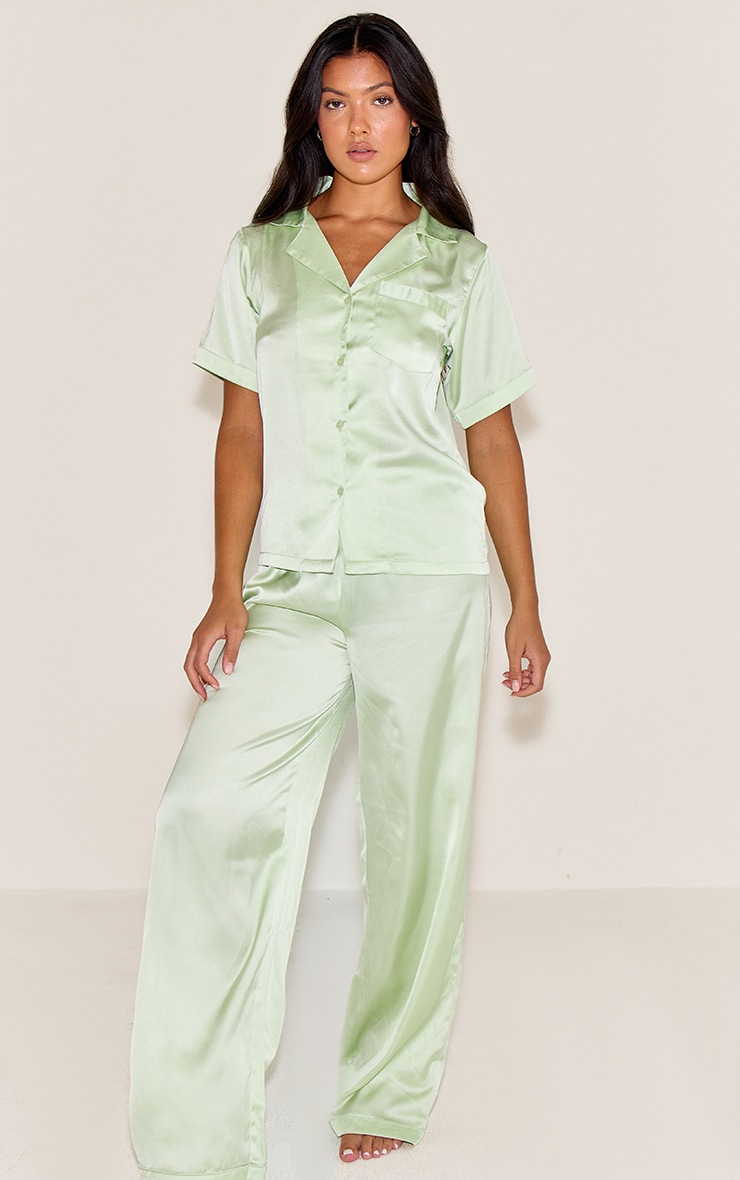 Pistachio Satin Short Sleeve Long Pj Set image 3