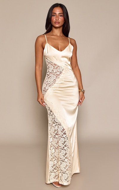Petite Butter Yellow Lace Cut Out Satin Maxi Dress