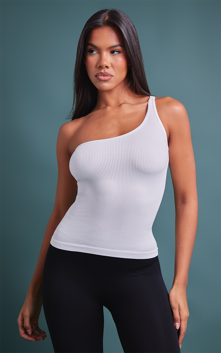 White Contour Rib One Shoulder Long Top