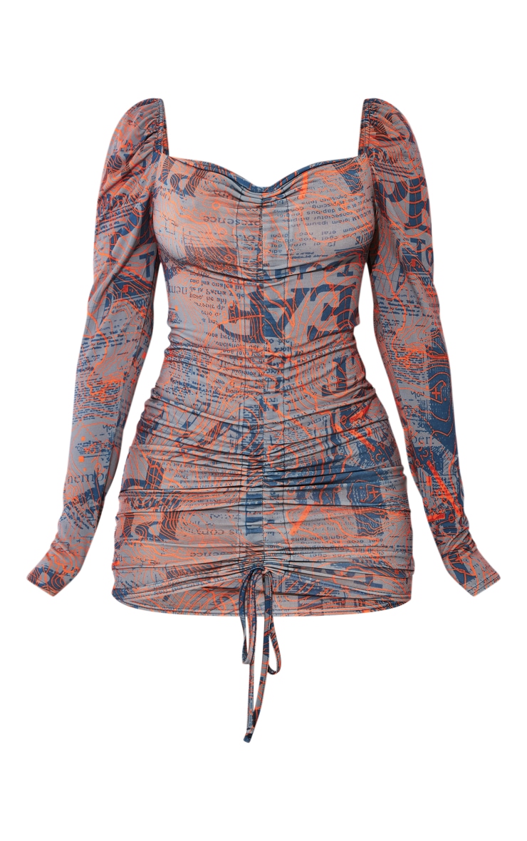 PRETTYLITTLETHING Navy Print Ruched Front Long Sleeve Bodycon Dress image 5