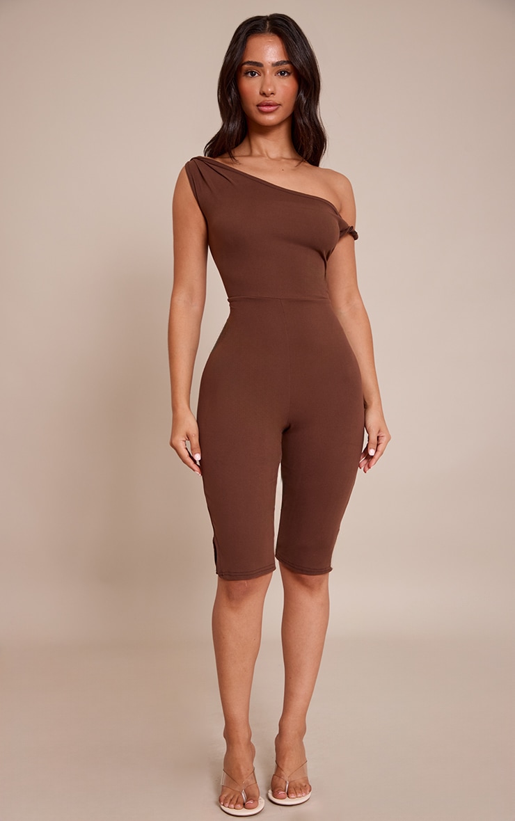 Petite Chocolate Super Soft Bardot Twist Detail Fitted Jumpsuit