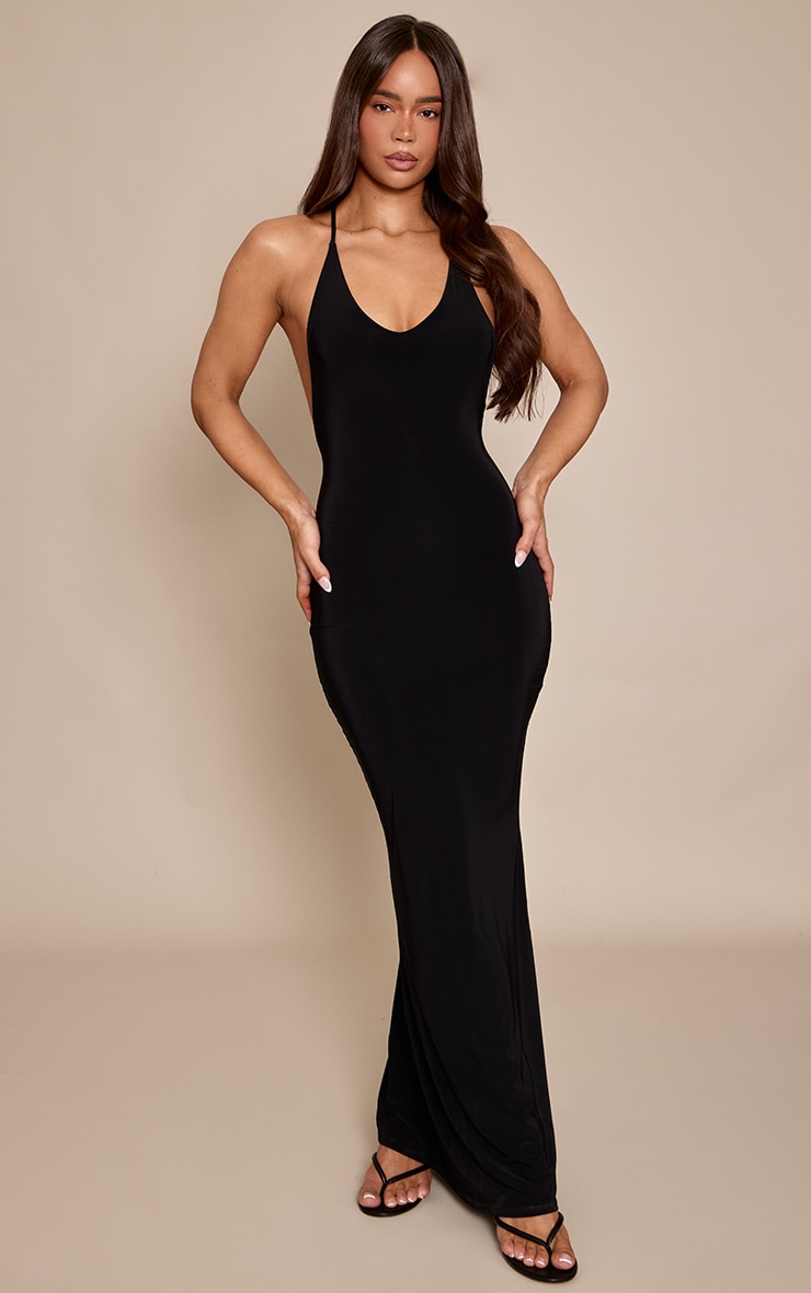 Black Double Layer Slinky Scoop Neck Open Back Dress image 1