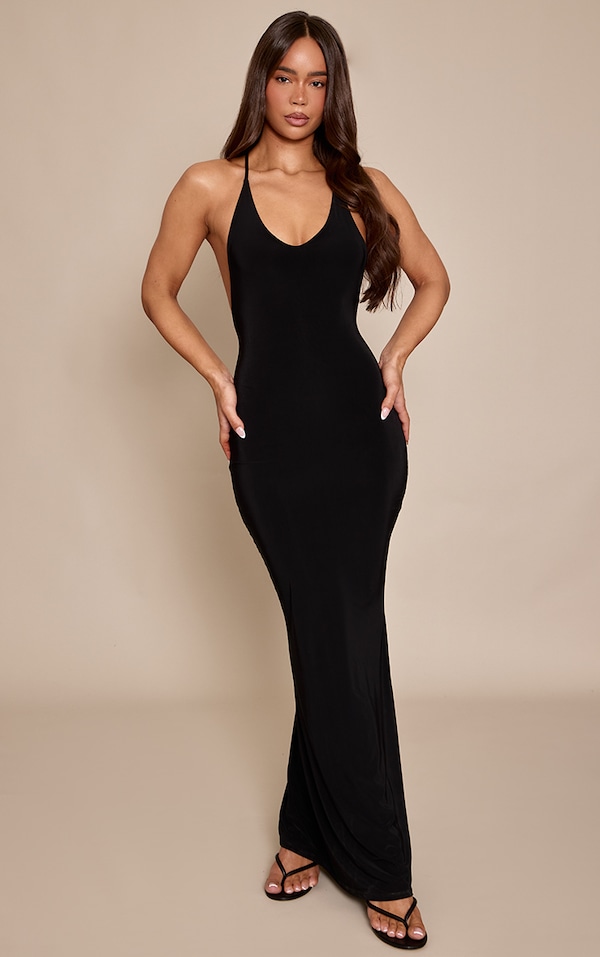 Black Double Layer Slinky Scoop Neck Open Back Dress