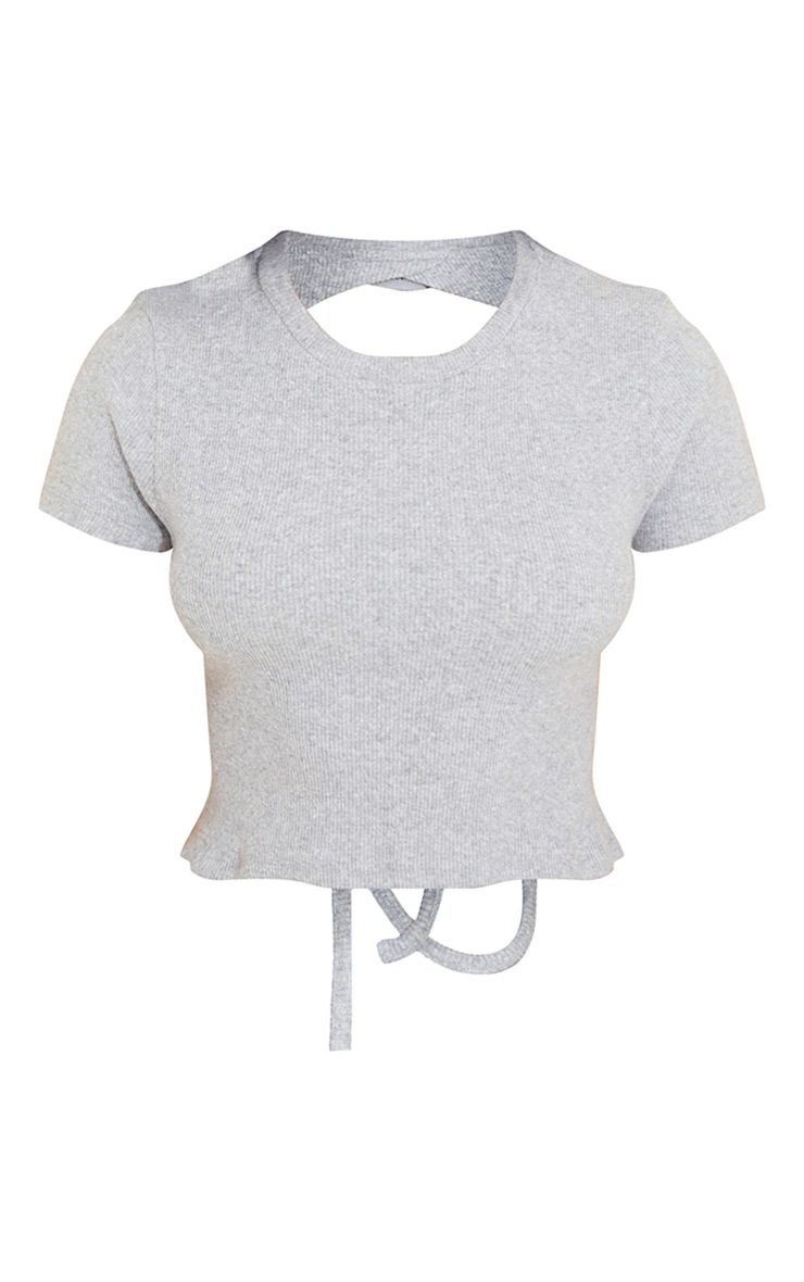 Crop top manches courtes gris clair côtelé à dos ouvert et lien noué image 5