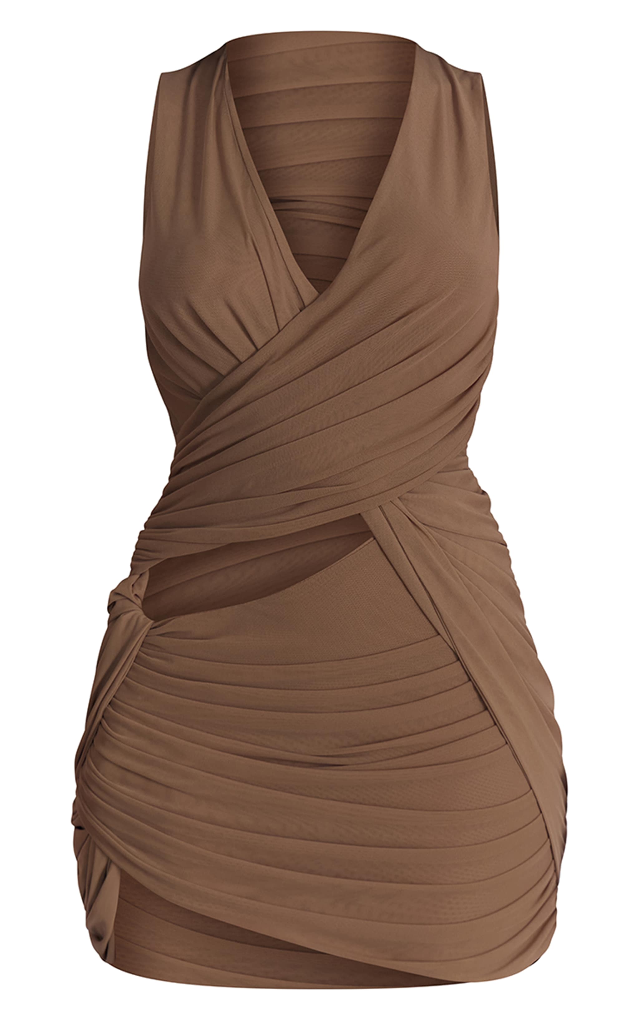 Beige Double Layer Mesh Wrap Mini Dress image 5