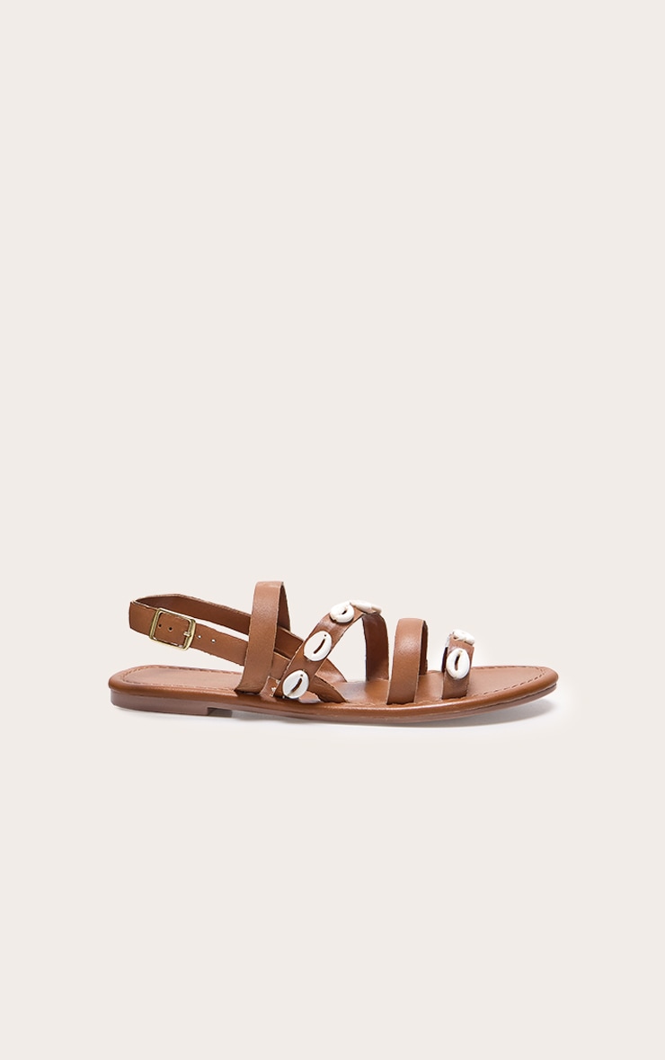 Tan Real Leather Wide Fit Round Toe Shell Strap Sandals image 5