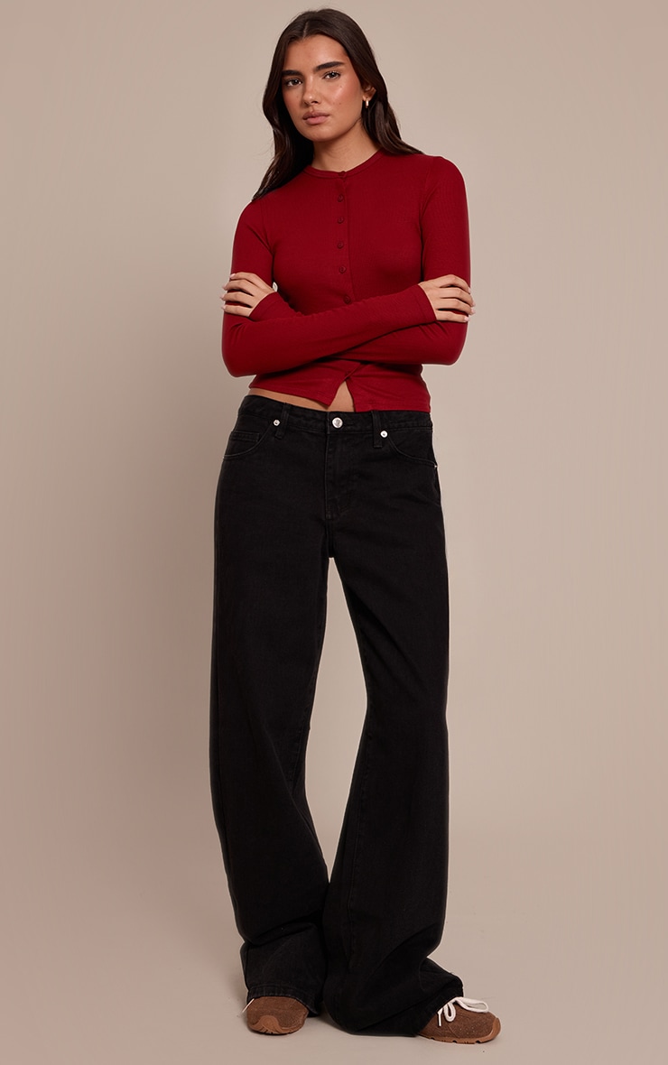 Deep Red Soft Rib Button Down Long Sleeve Top image 3