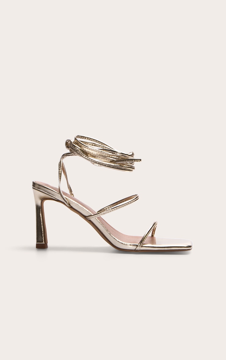 Gold Pu Square Toe Strappy Lace Up Mid Stiletto Heeled Sandals image 2