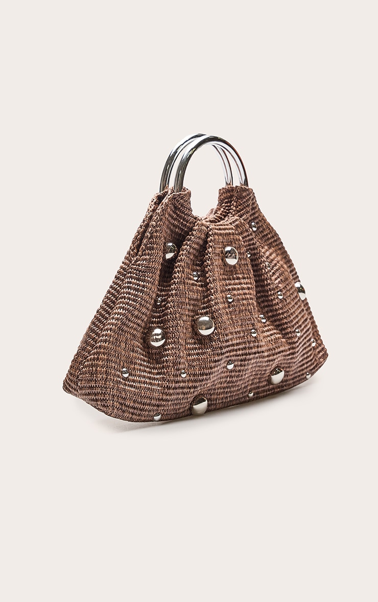Chocolate Raffia Gold Studded Tote image 3
