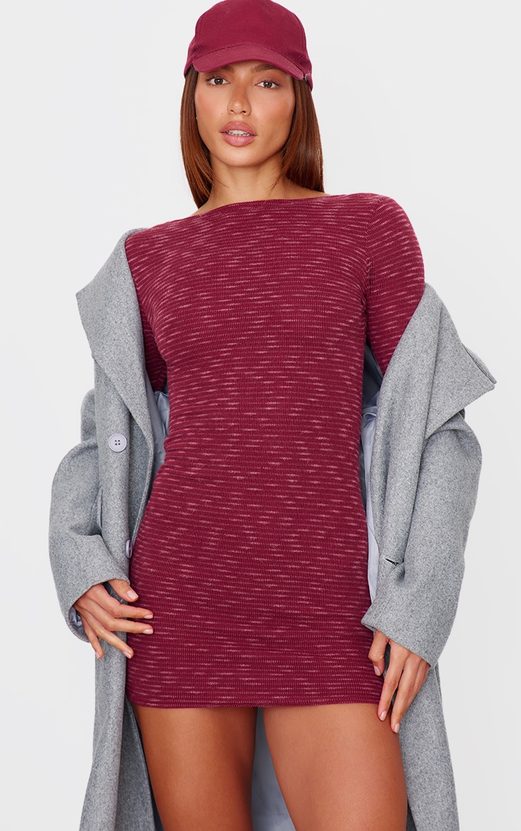 Burgundy Textured Scoop Back Long Sleeve Bodycon Dress image 4