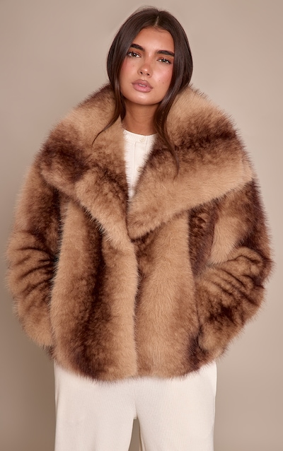 Brown Faux Fur Short Shawl Collar Coat