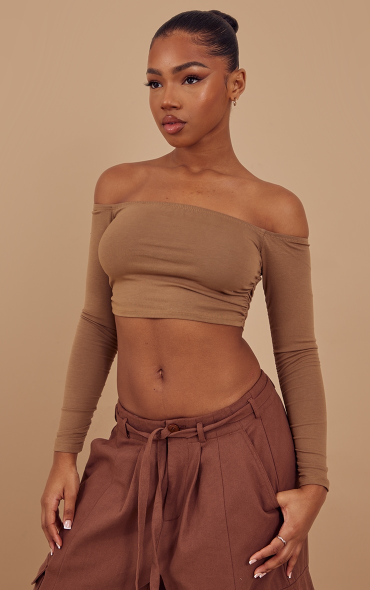 Chocolate Jersey Ruched Side Bardot Crop Top