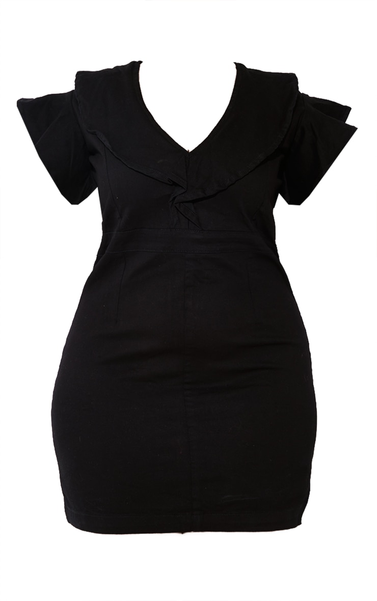 Plus Black V Neck Frill Sleeve Denim Dress image 2