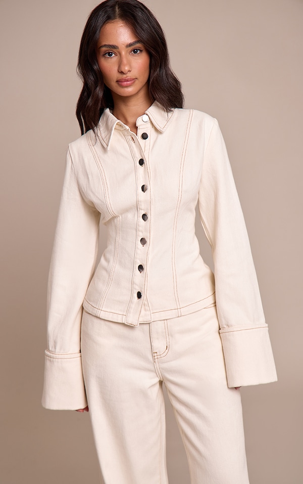 Petite Ecru Contrast Stitch Long Sleeve Fitted Denim Shirt