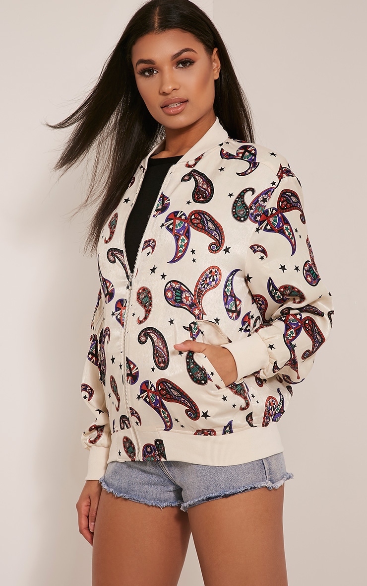 Cruz White Paisley Print Satin Oversized Bomber Jacket PrettyLittleThing