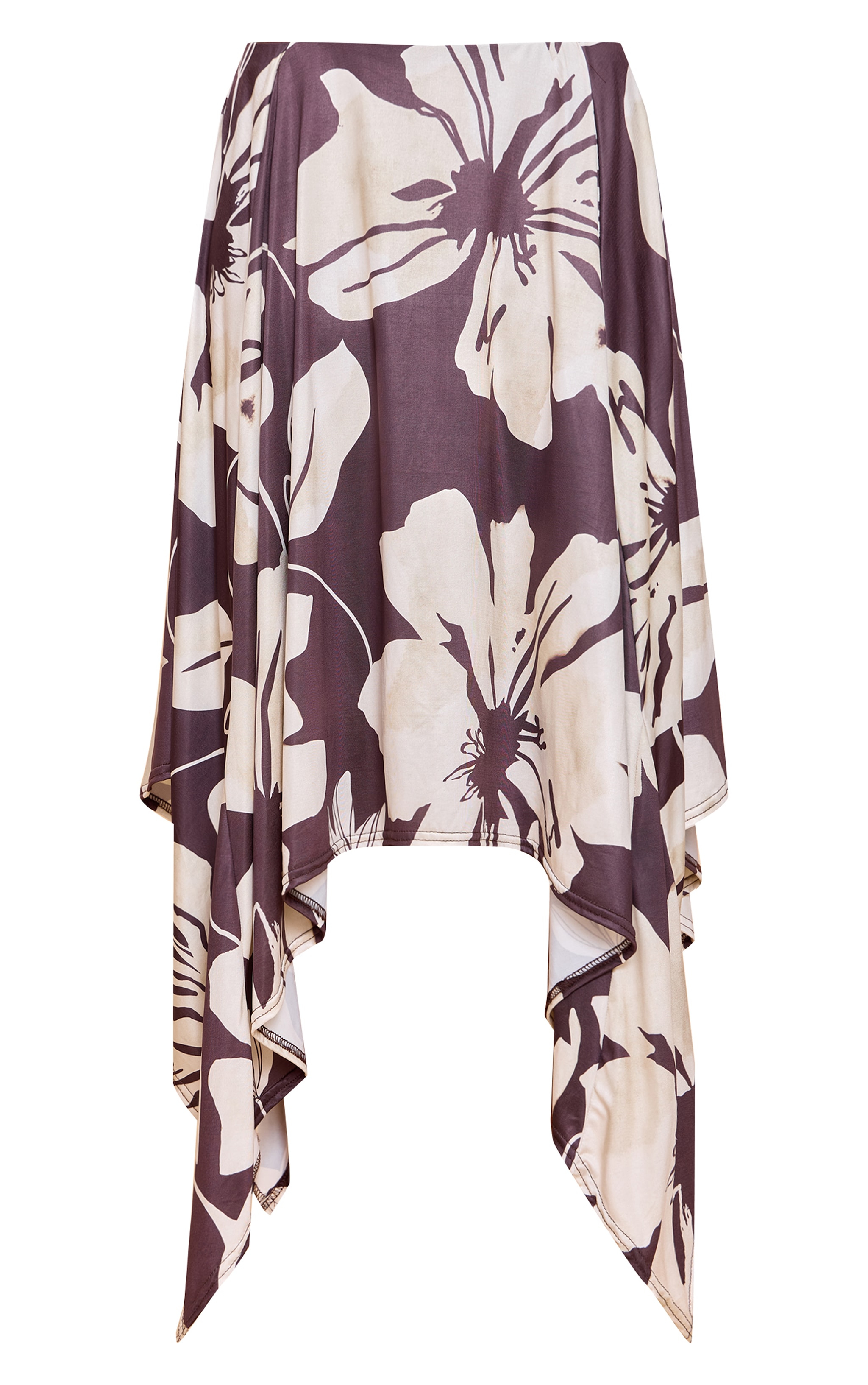 Brown Floral Print Slinky Asymmetrical Hem Maxi Skirt image 5