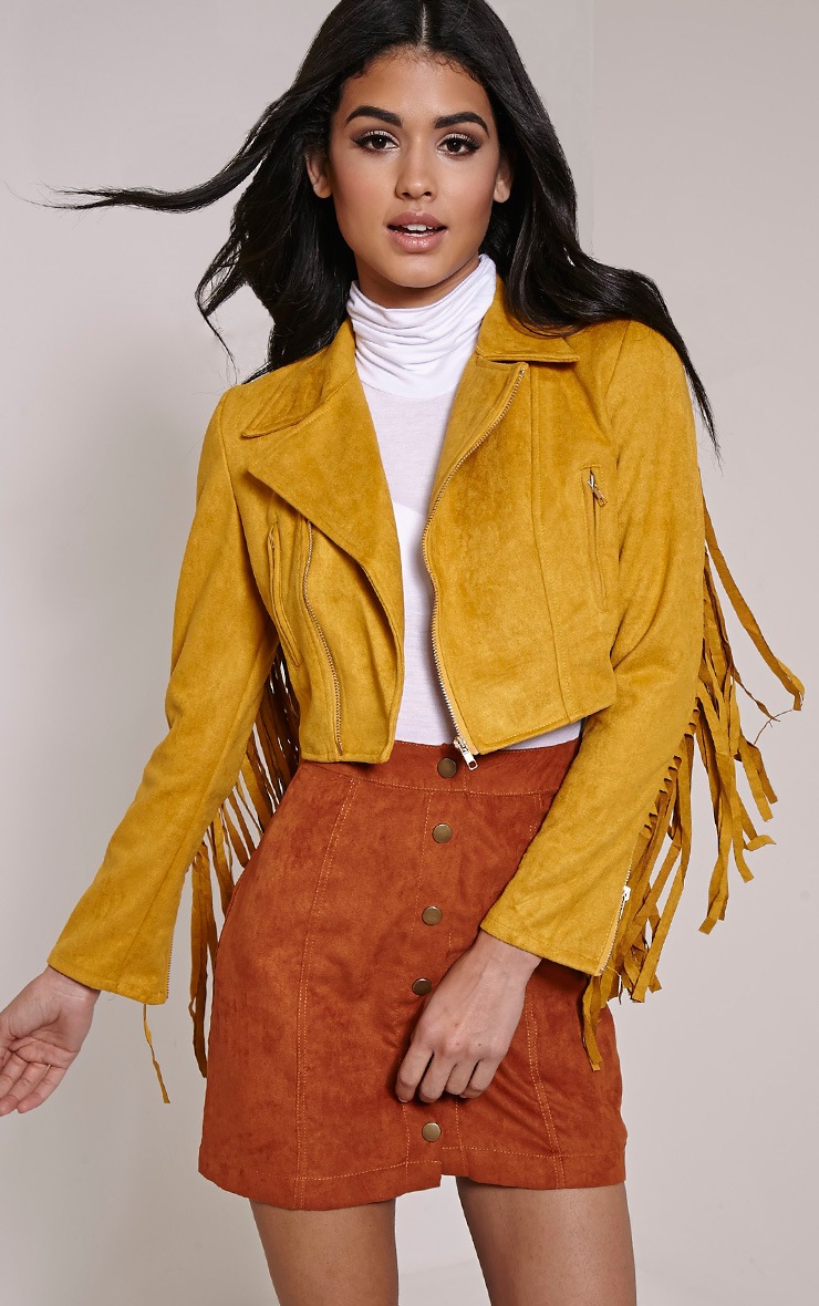 Harriet Mustard Faux Suede Biker Jacket PrettyLittleThing
