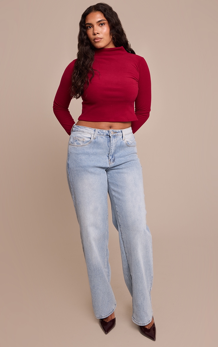 Shape Burgundy Micro Rib Long Sleeve Roll Neck Top image 3