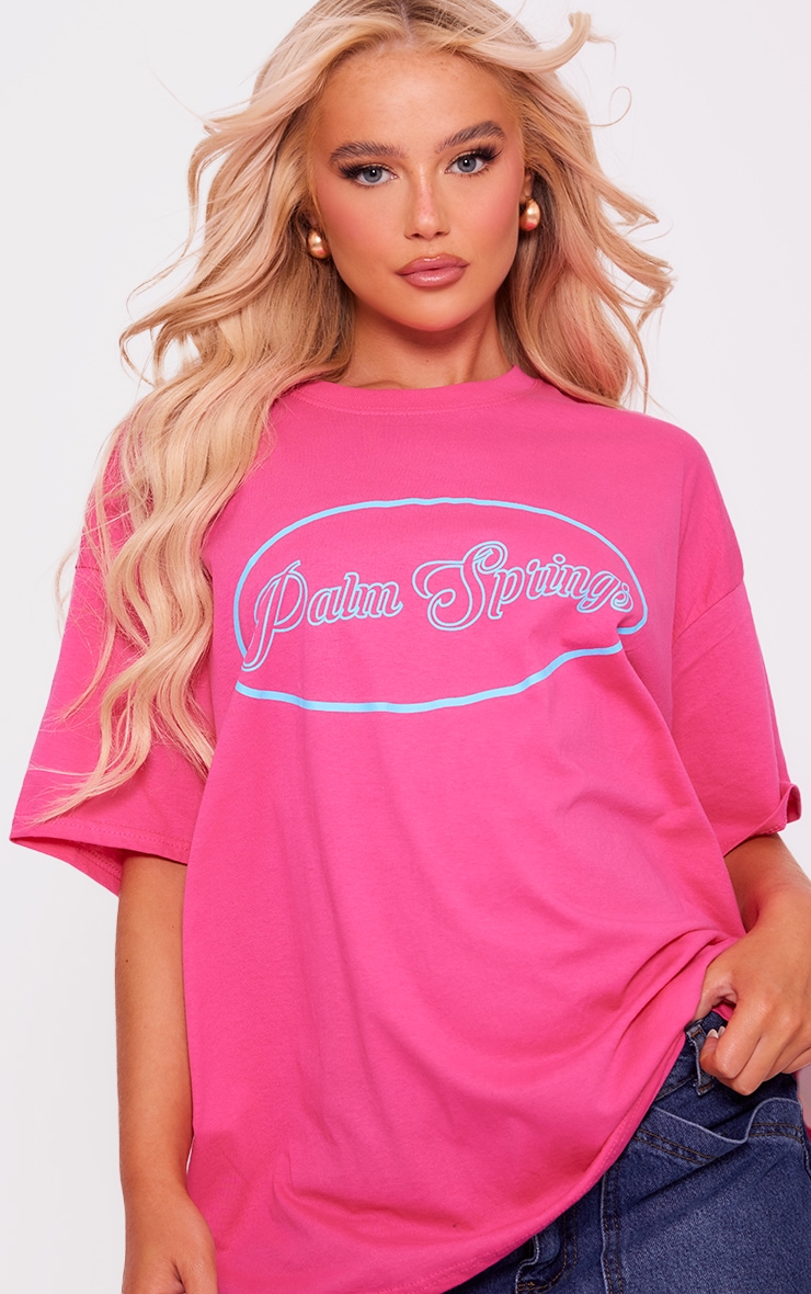 T-shirt oversize rose vif à imprimé Palm Springs et cercle image 4