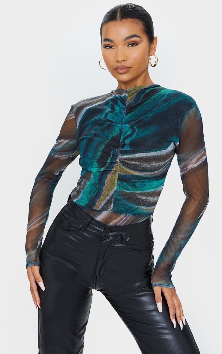 Green Abstract Printed Mesh Ruched Front Long Sleeve Bodysuit