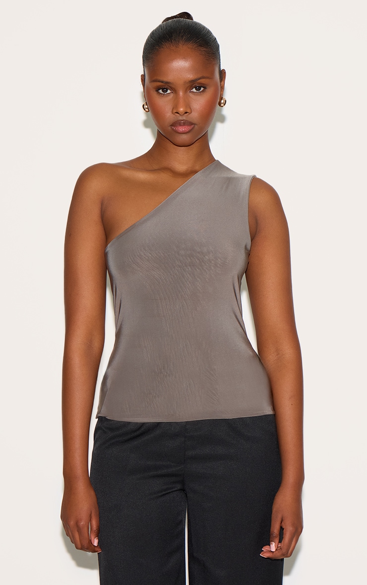 Mushroom Double Layer Slinky Back Detail One Shoulder Top image 2