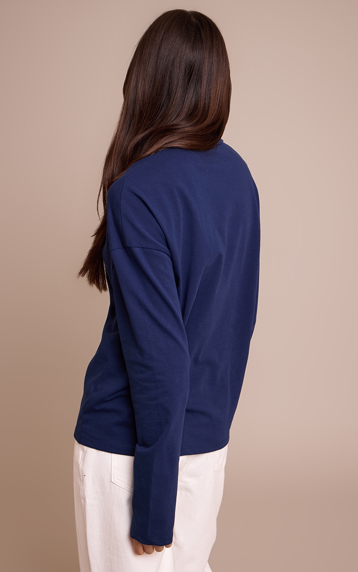 Navy Cotton Polo Collar Long Sleeve Top image 2