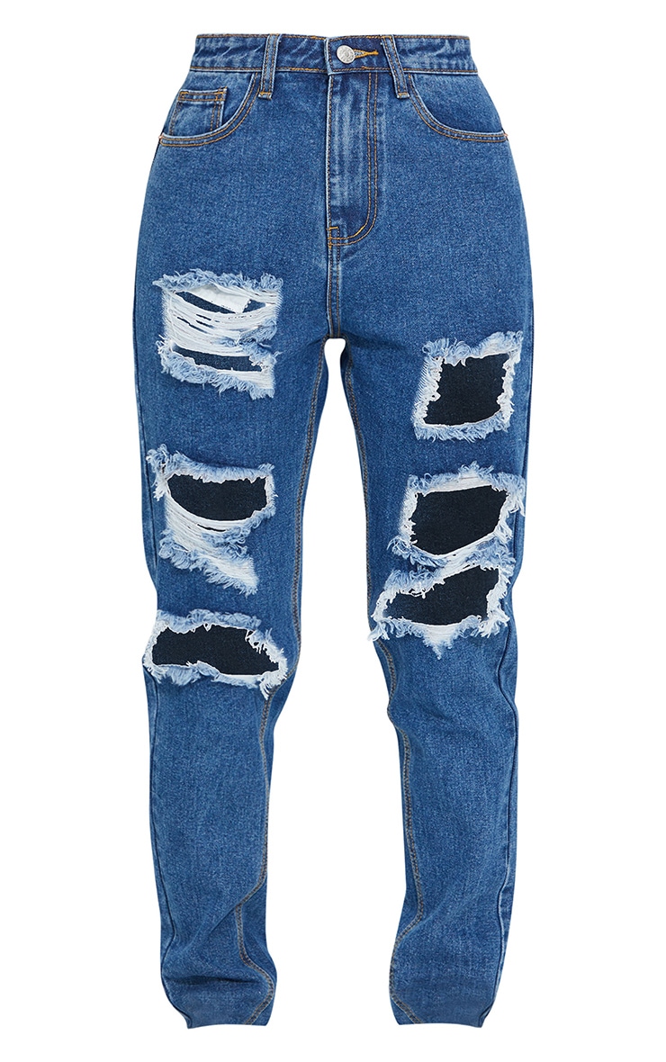PRETTYLITTLETHING Mid Blue Wash Extreme Ripped Slim Fit Mom Jeans image 5