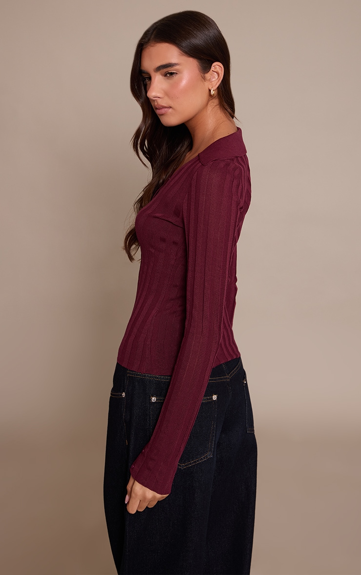 Burgundy Ribbed Sheer Knit Polo Top image 2