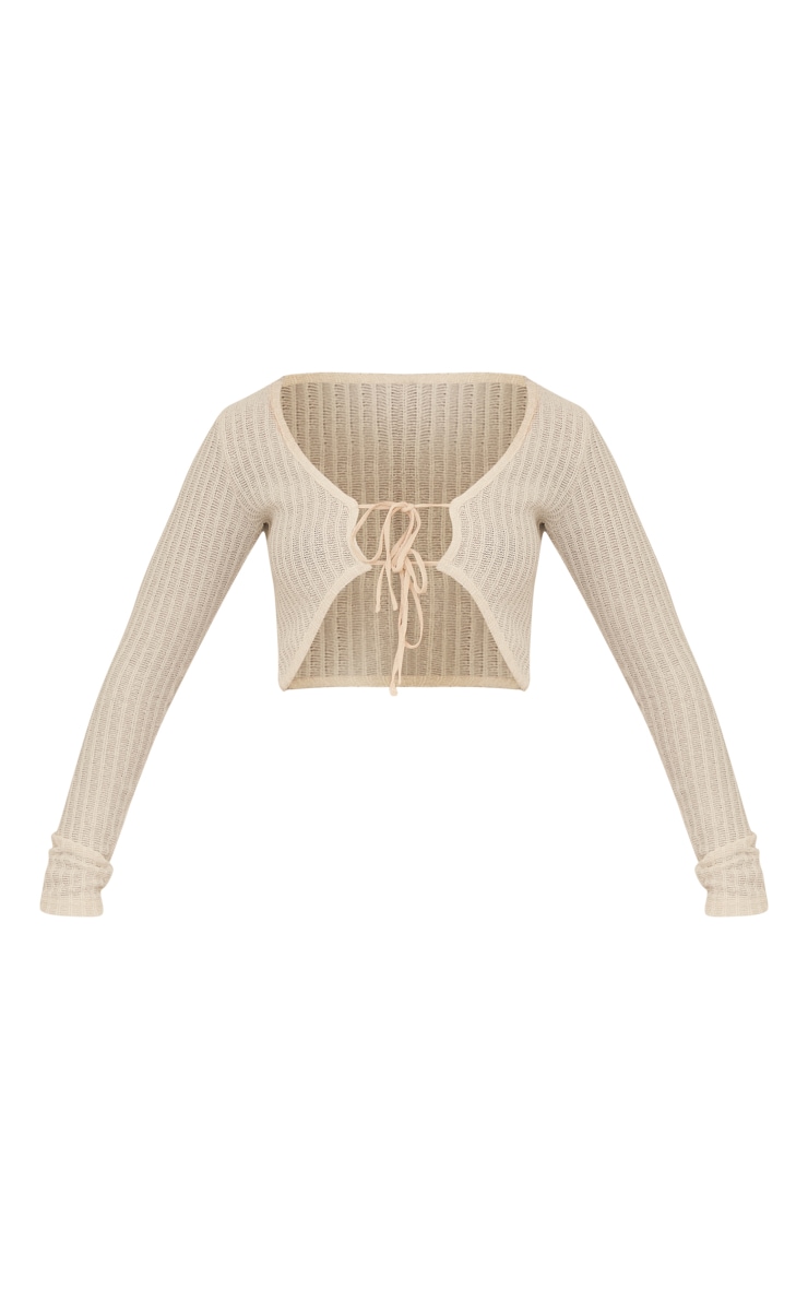 Cream Textured Laddered Tie Front Crop Shirt image 5