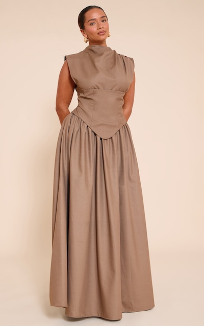 Shape Robe droite longue tissée café au lait à col montant et détail corset