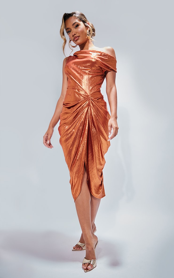  Rust Metallic Off The Shoulder Draped Midi Dress image 1