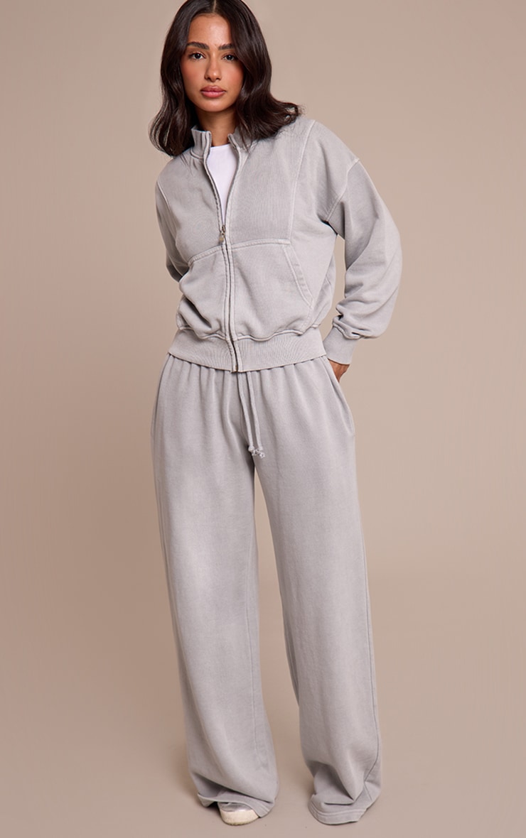 Petite Ash Grey Acid Wash Funnel Neck Zip Sweatshirt image 3