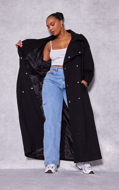 Plus Black Popper Detail Trench Coat