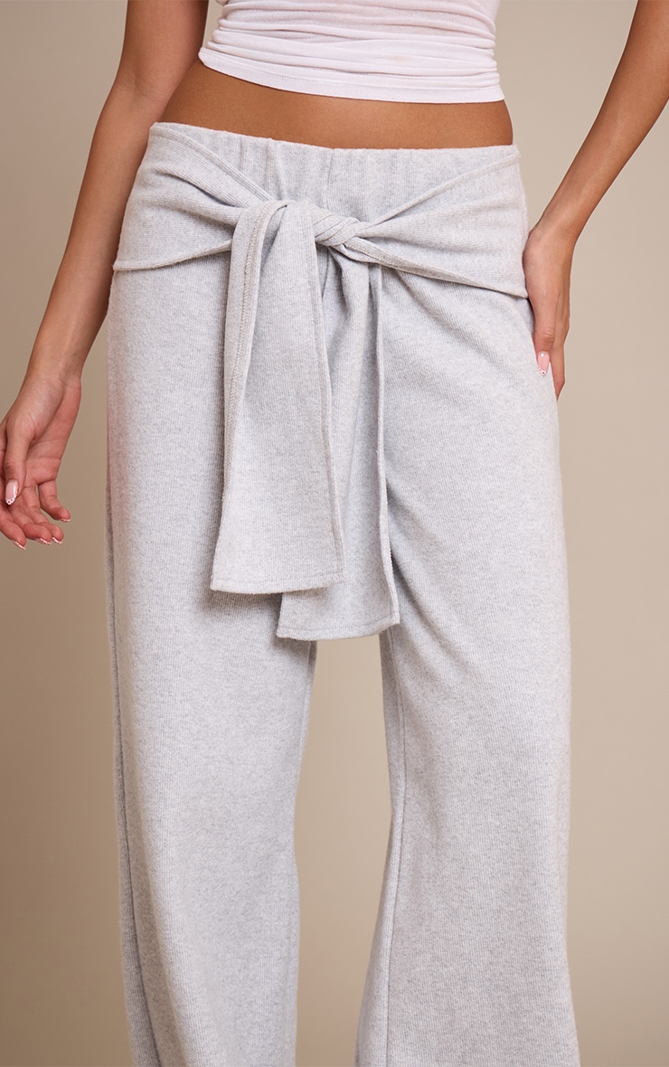 Grey Heavy Rib Wrap Waist Detail Wide Leg Pant  image 4