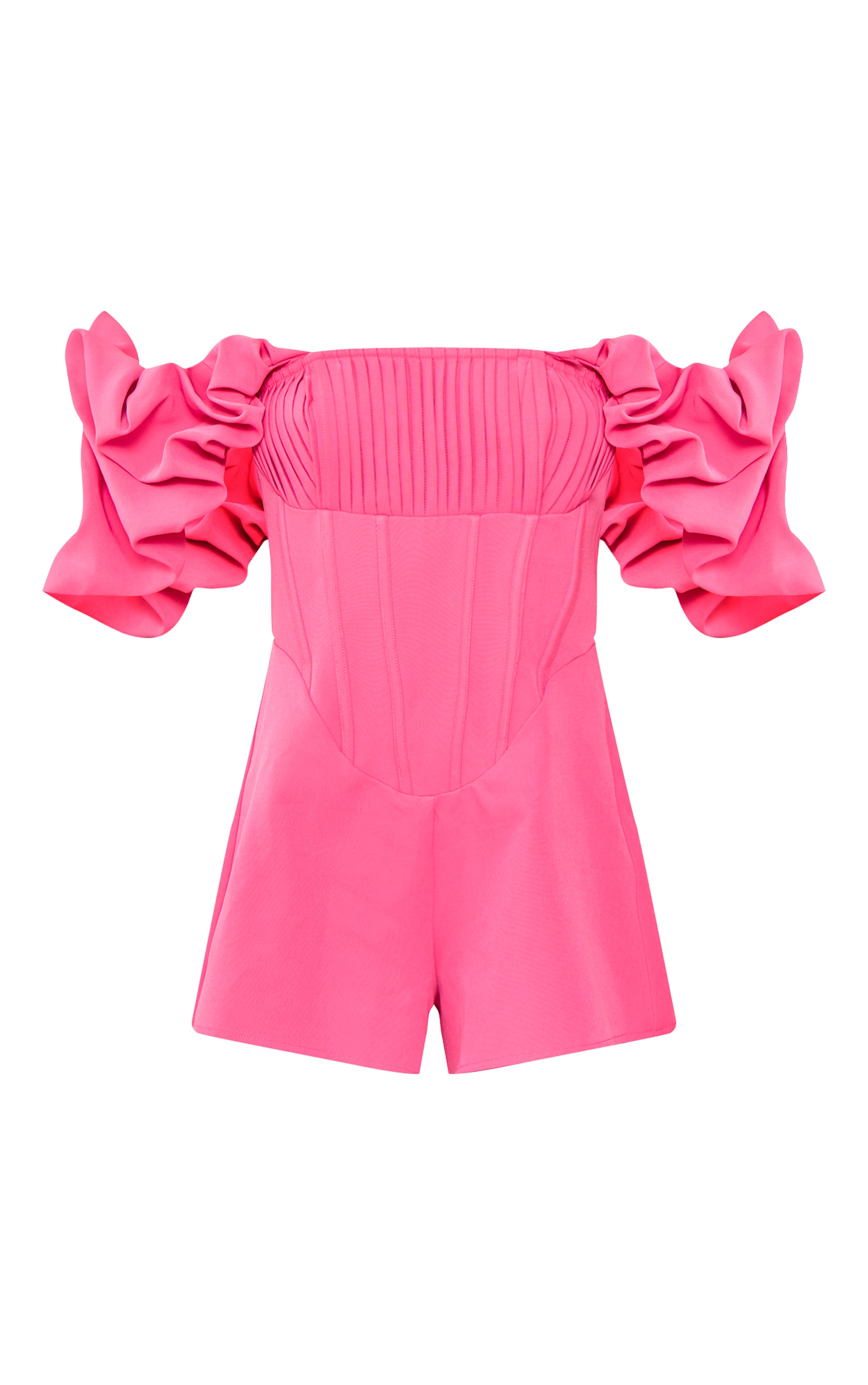 Hot Pink Woven Pleated Corset Bardot Frill Playsuit image 5