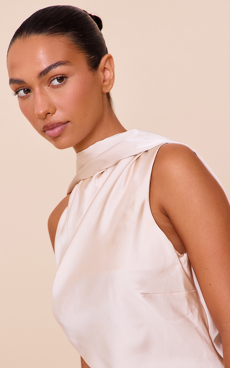 Beige Satin Asymmetric Scarf Detail Top image 4