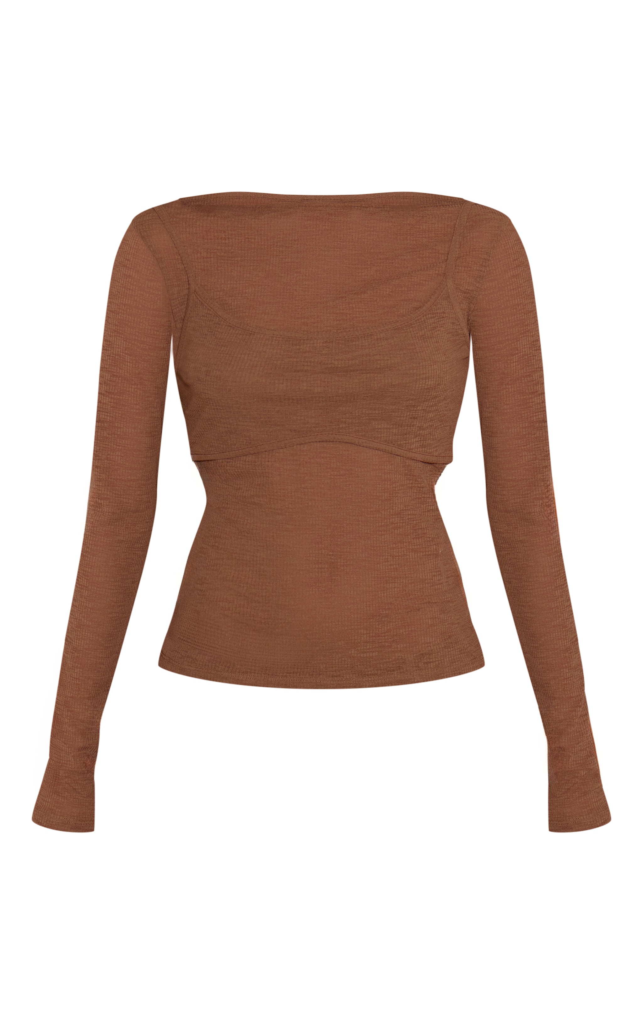 Mocha Ribbed Burnout Mesh Bralet Detail Long Sleeve Top  image 5