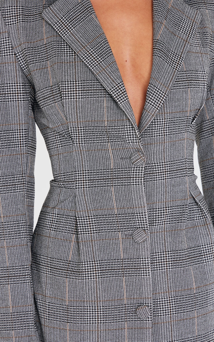 Grey Woven Check Cinched Waist Long Sleeve Blazer Dress image 4