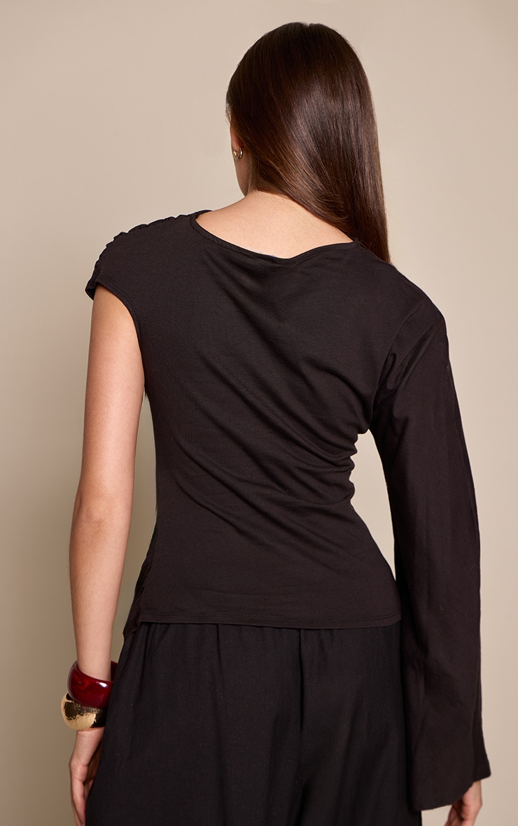 Black Cotton One Sleeve Detail T-Shirt  image 2